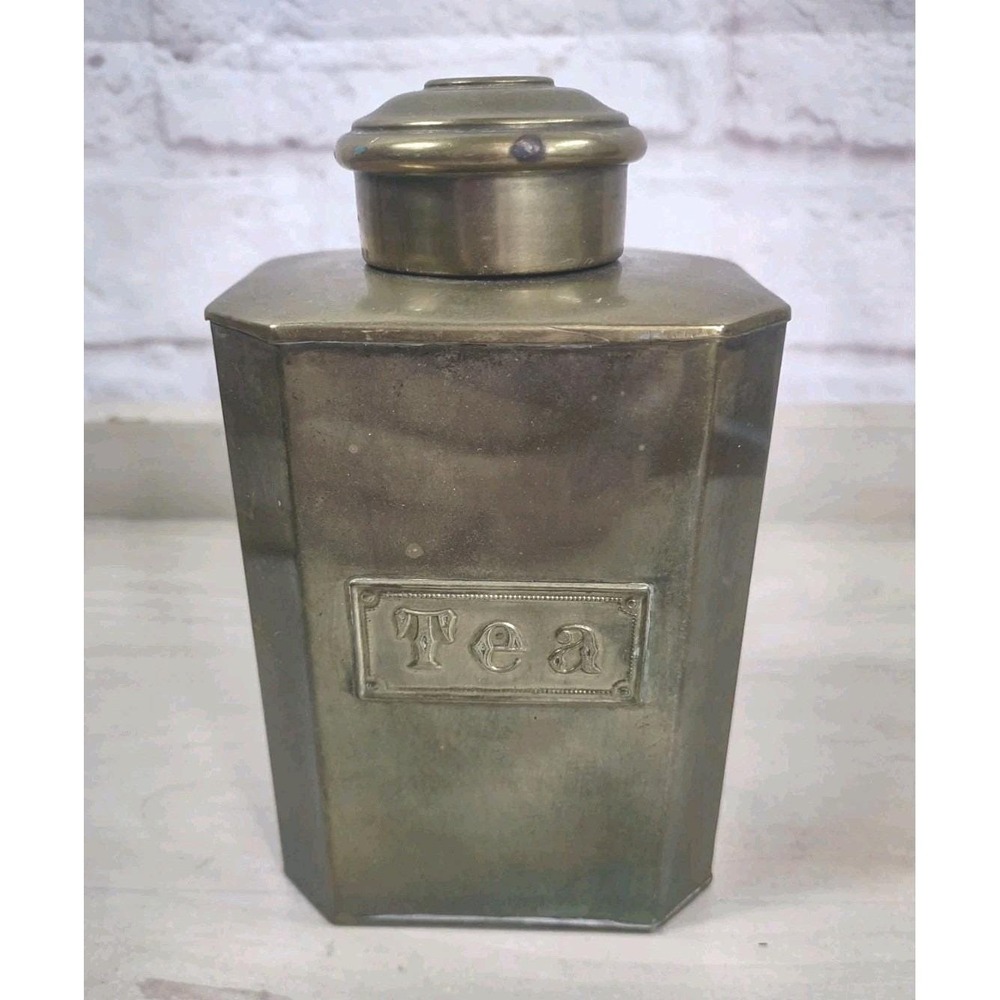 Vtg English Breakfast Tea Tin Brass Screw Top Container Canister TEA Spellout